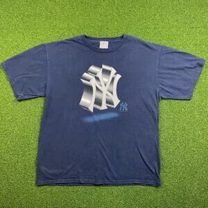 Y2K New York Yankees Graphic  T Navy Chrome Logo MLB Streetwear Oversized Sz L